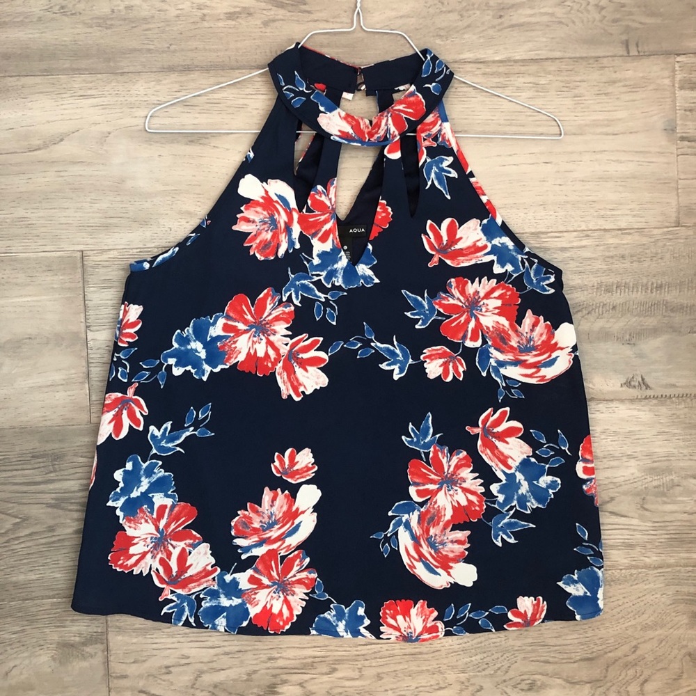 Aqua floral print high neck sleeveless tank top